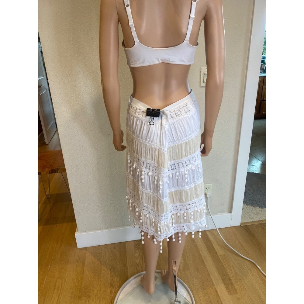 Trina Turk Skirt w/ Pom Poms Women's 12 Ivory Beige Cotton Silk Lined - Picture 14 of 15